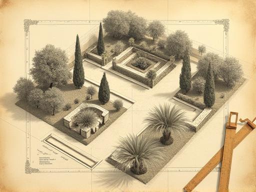 Schizzo architettonico di un giardino romano.